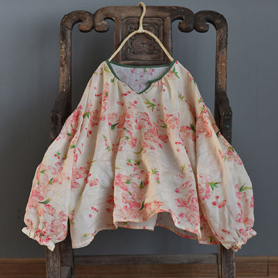 Loose Floral Puff Sleeves Ramie Blouses for Women