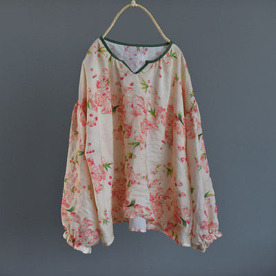 Loose Floral Puff Sleeves Ramie Blouses for Women