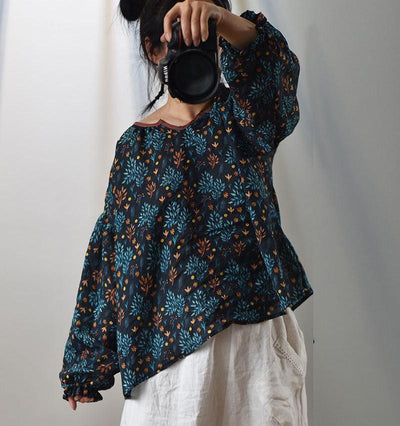 Loose Floral Puff Sleeves Ramie Blouses for Women