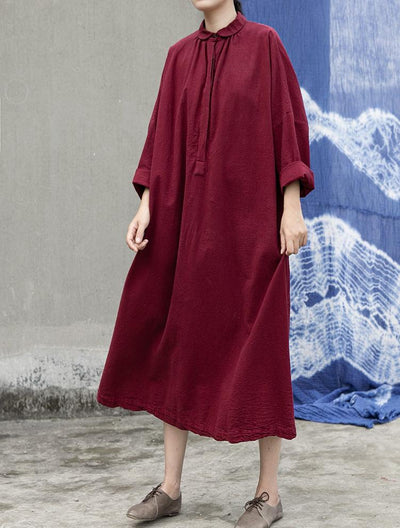 Women Autumn Comfy Button Placket Long Sleeves Cotton Dresses