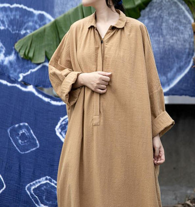 Women Autumn Comfy Button Placket Long Sleeves Cotton Dresses