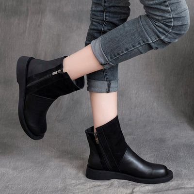 Women Stylish Retro Zipper Color Block Leather Boots