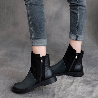 Women Stylish Retro Zipper Color Block Leather Boots