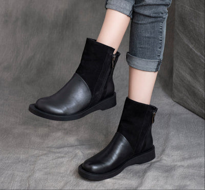 Women Stylish Retro Zipper Color Block Leather Boots