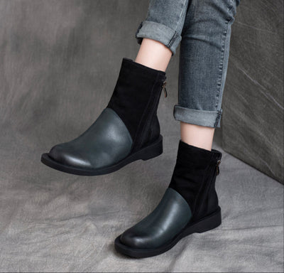 Women Stylish Retro Zipper Color Block Leather Boots