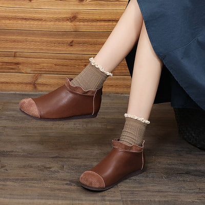 Retro Ruffled Suede Patchwork Leather Ankle Boots