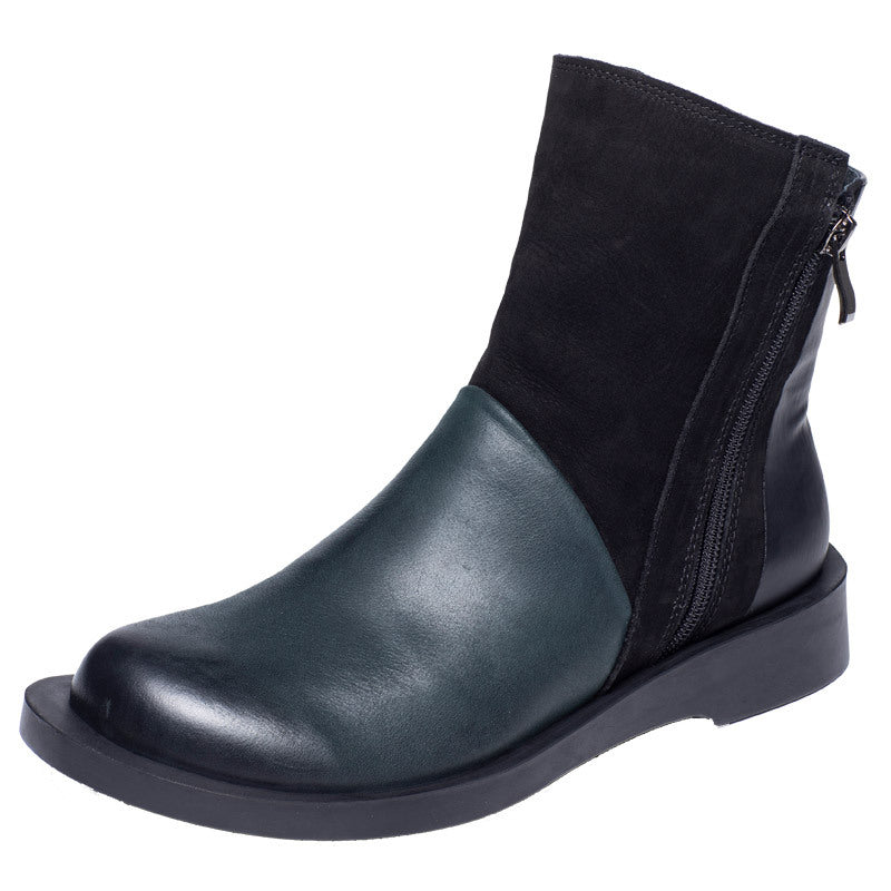 Women Stylish Retro Zipper Color Block Leather Boots