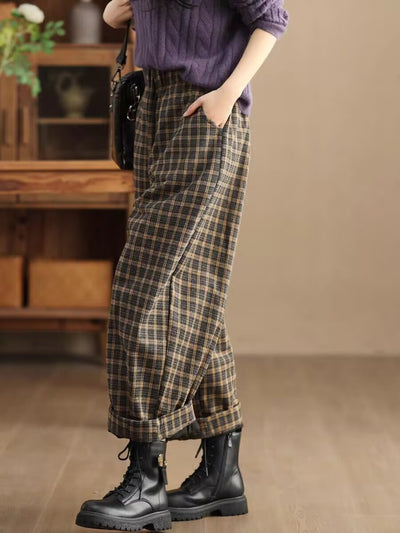 Women Retro Plaid Thickened Woolen Wide-Leg Casual Pants