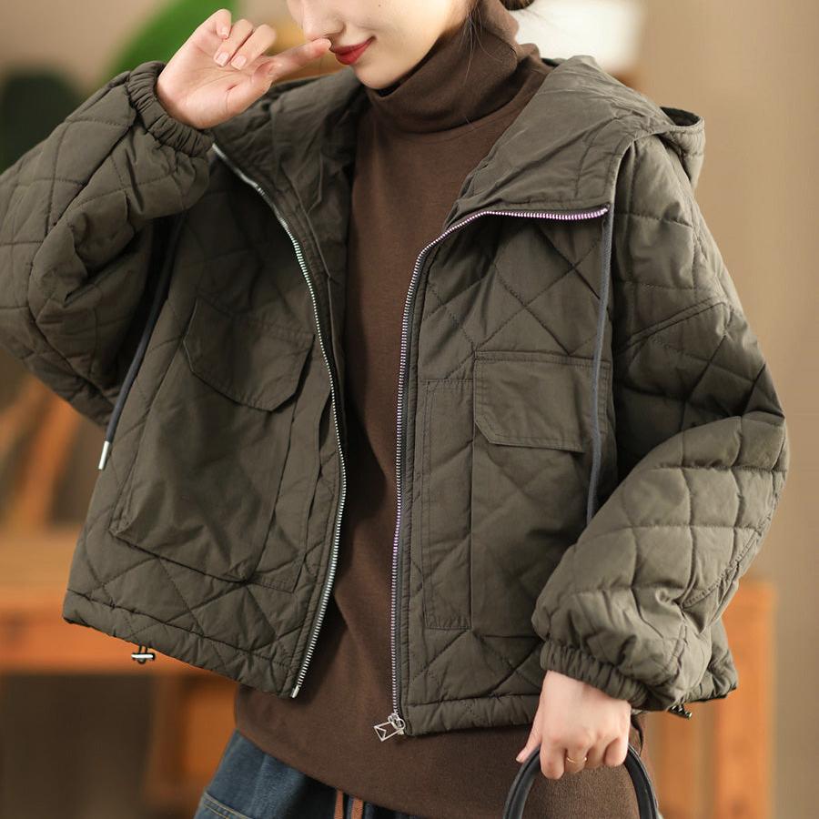 Babakud Women Winter Retro Diamond Quilted Cotton Hooded Jacket