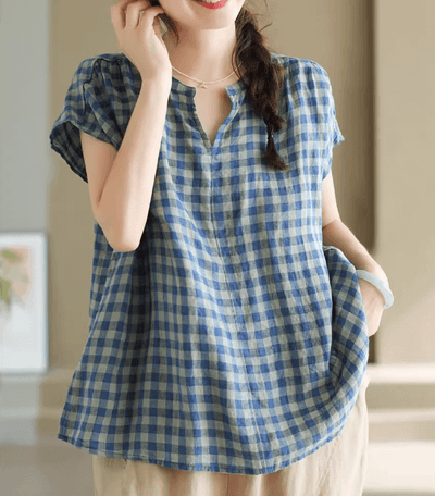 Babakud Women Summer Vintage Linen Plaid Top