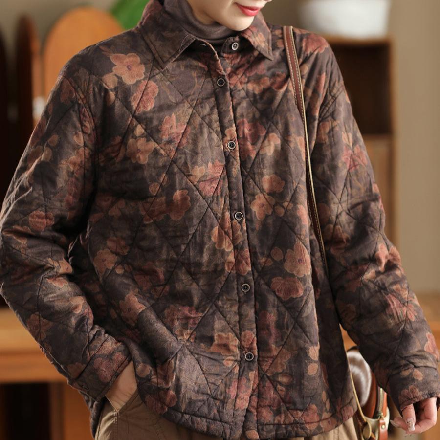 Women Winter Retro Printed Quilted Cotton Thick Warm Jacket