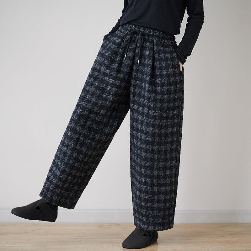 Babakud Women Winter Retro Fleece-Lined Plaid Cotton Straight-Leg Pants