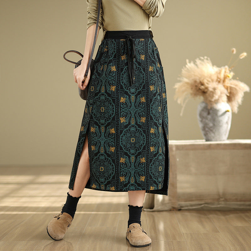 Babakud Women Spring Vintage Side-Slit Printed Denim Skirt