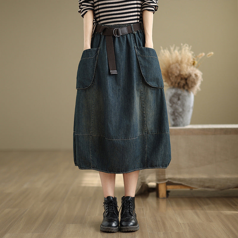 Babakud Women Spring Retro Denim Elastic Waist Midi Skirt