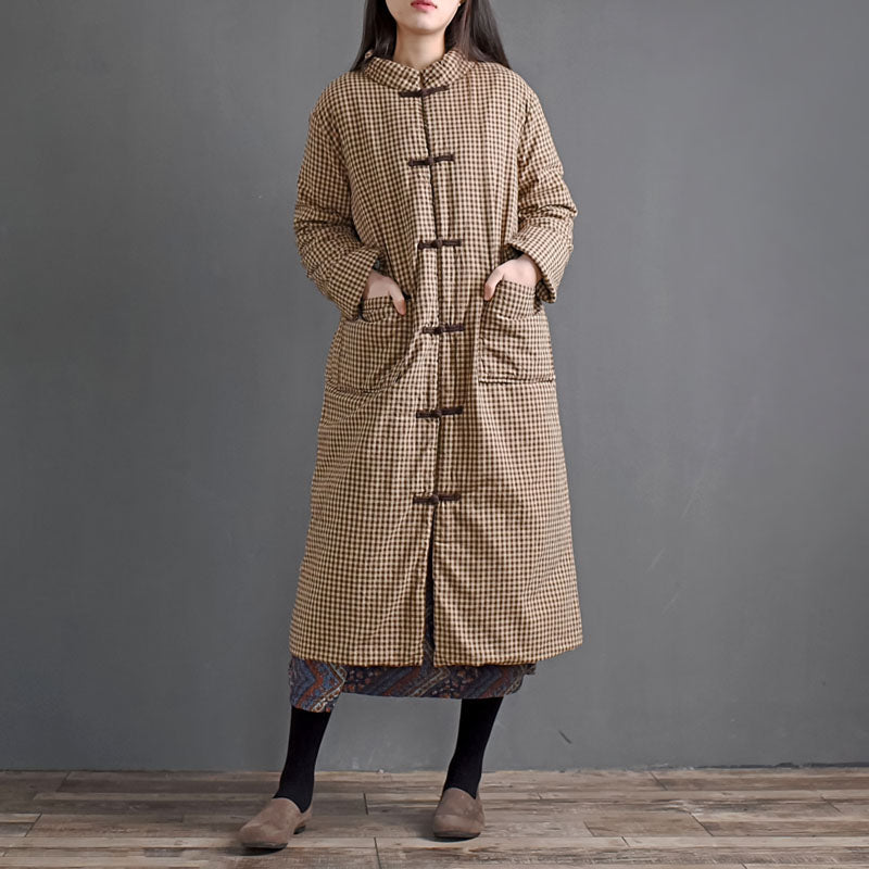 Babakud Women Winter Loose Plaid Linen Cotton- Lined Coat