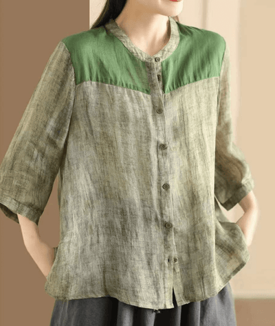 Babakud Women Summer Ramie Artistic Green Cardigan Top