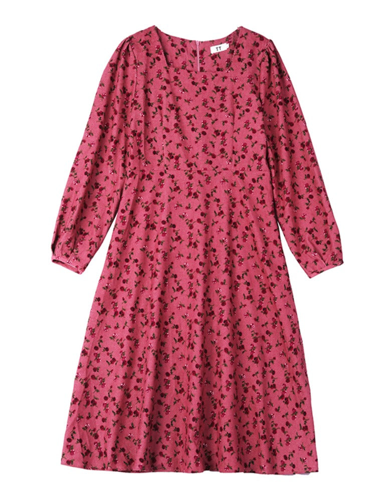 Babakud Women Spring Retro Printed Rose Corduroy Long Sleeves Dress