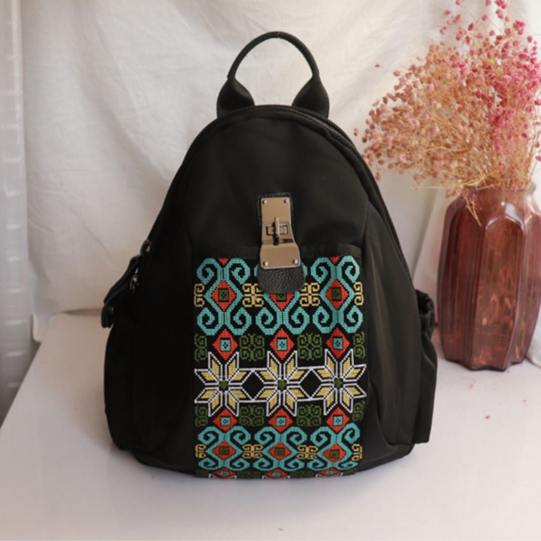 Babakud Vintage Style Embroidered Canvas Black Backpack