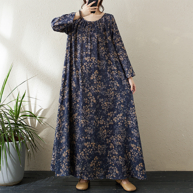 Babakud Women Autumn Retro Plus Size Loose Cotton Floral Maxi Dress