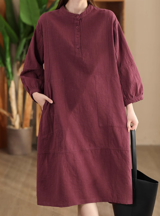 Babakud Women Autumn Retro Cotton Ramie Dress