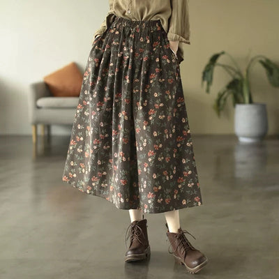 Babakud Women Spring Retro Corduroy Printed Floral A-Line Skirt