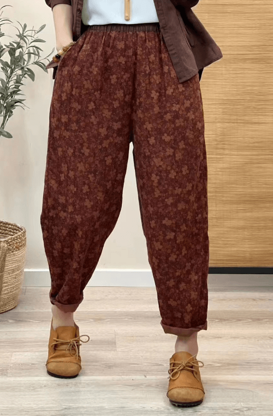 Babakud Women Autumn Vintage Floral Cotton Linen Harem Pants