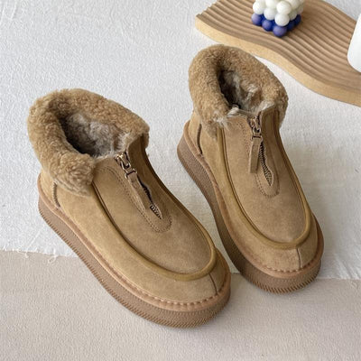 Women Winter Sheepskin-Lined Suede Short Snow Boots with Zipper