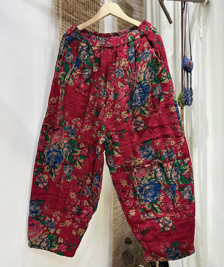 Babakud Women Winter Literary Printed Cotton Straight Quilted Pants