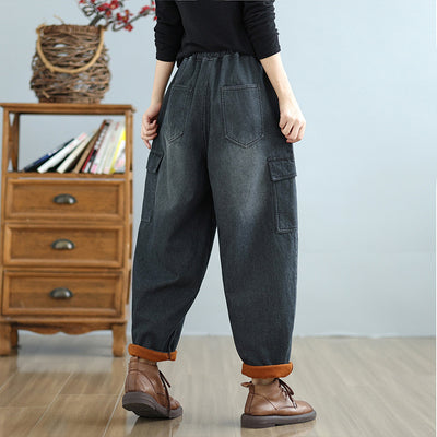 Women Winter Retro Plus-Size Fleece-Lined Relaxed Fit Thick Harem Pants