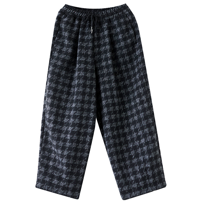 Babakud Women Winter Retro Fleece-Lined Plaid Cotton Straight-Leg Pants