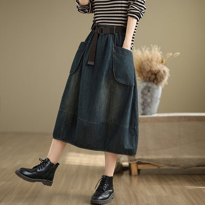 Babakud Women Spring Retro Denim Elastic Waist Midi Skirt