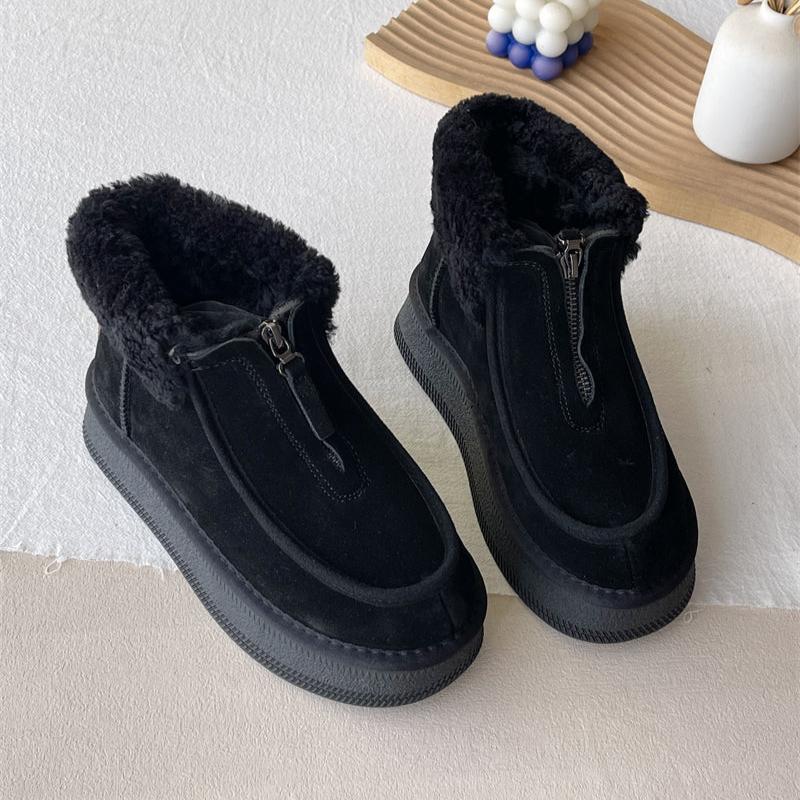 Women Winter Sheepskin-Lined Suede Short Snow Boots with Zipper