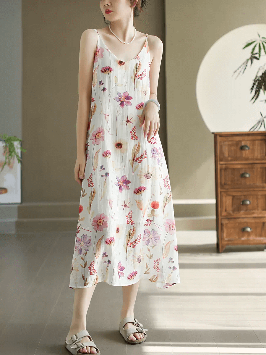 Babakud Women Summer Flower Tencel Linen Sleeveless Midi Dress