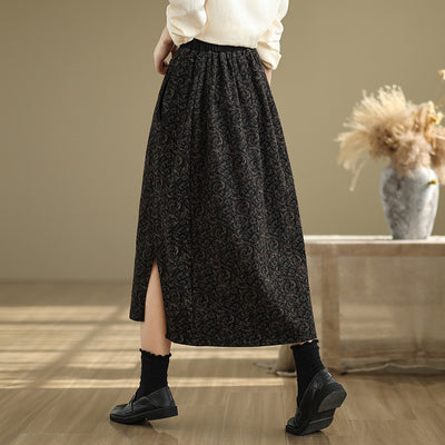 Babakud Women Spring Vintage Side-Slit Printed Denim Skirt