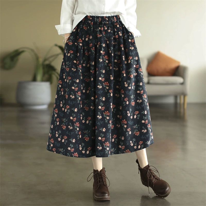 Babakud Women Spring Retro Corduroy Printed Floral A-Line Skirt