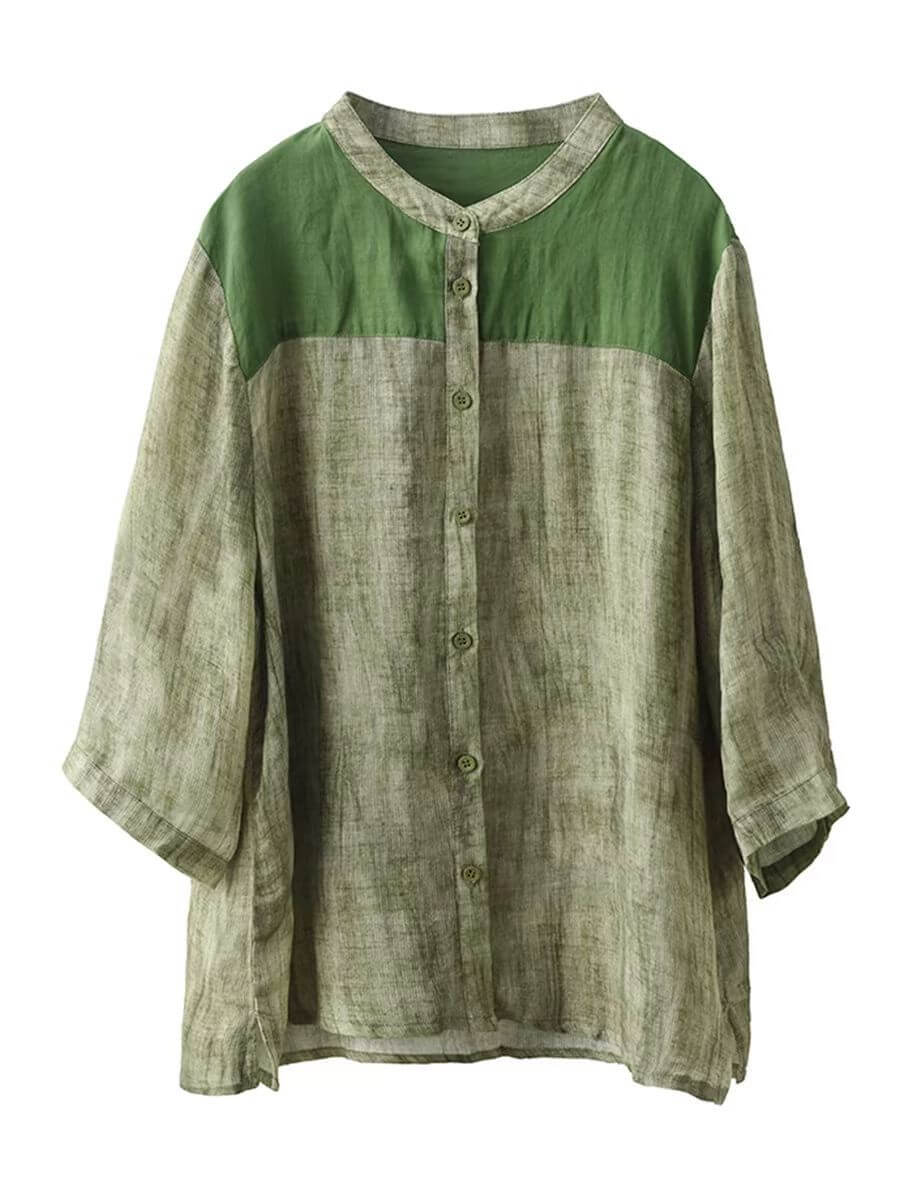 Babakud Women Summer Ramie Artistic Green Cardigan Top