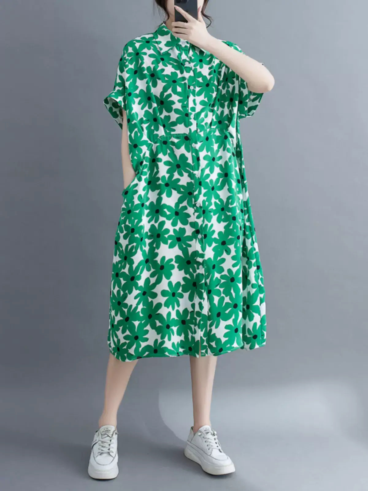 Babakud Women Vintage Charm Floral Pocket Shirt Midi Dress