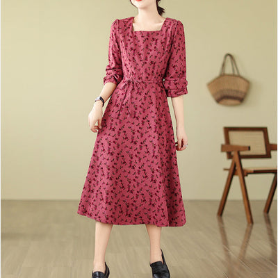 Babakud Women Spring Retro Printed Rose Corduroy Long Sleeves Dress