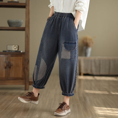 Babakud Women Autumn Retro Patchwork Casual Cotton Denim Pants