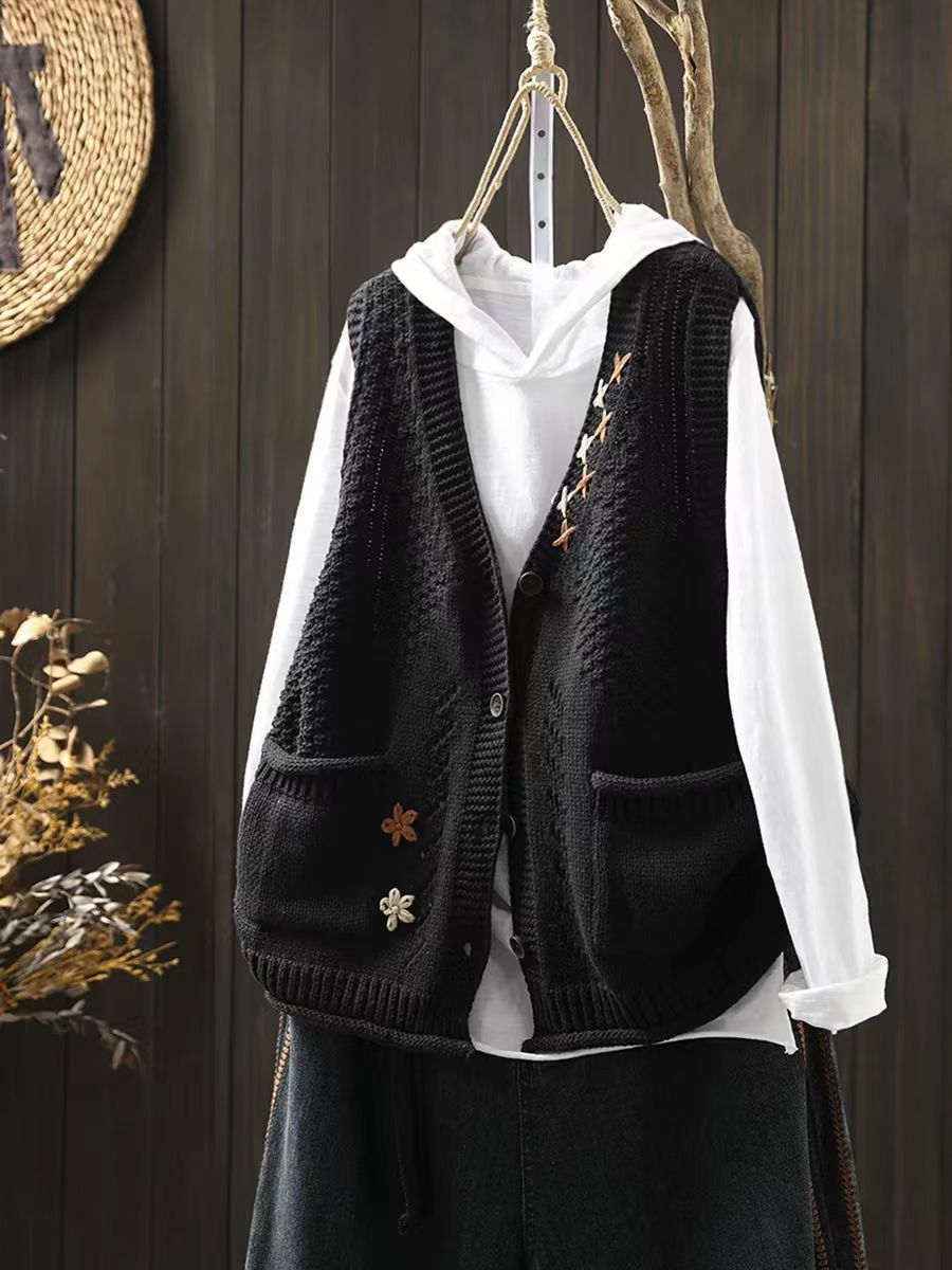 Babakud Women Autumn Embroidered Cotton Knitted Casual Vest