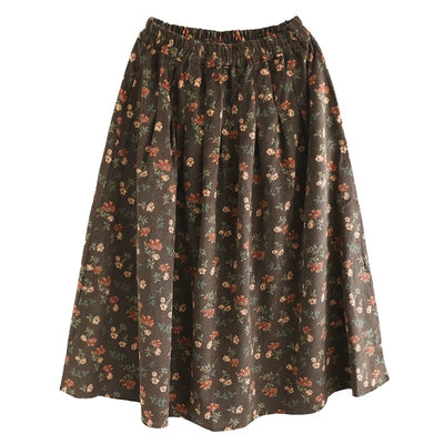 Babakud Women Spring Retro Corduroy Printed Floral A-Line Skirt