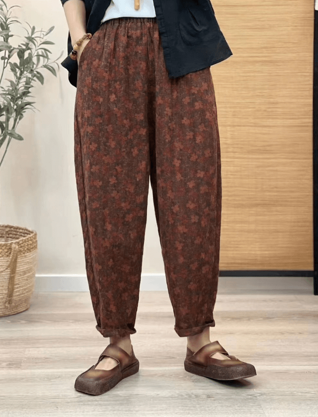 Babakud Women Autumn Vintage Floral Cotton Linen Harem Pants