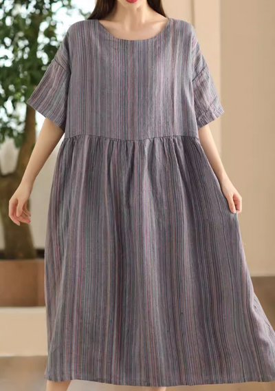 Babakud Women Summer Artistic Linen Hemp Striped Dress