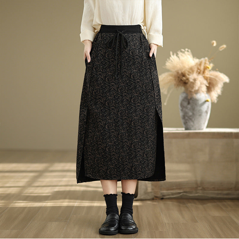 Babakud Women Spring Vintage Side-Slit Printed Denim Skirt