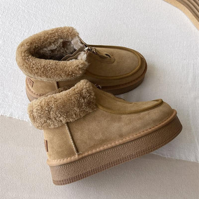 Women Winter Sheepskin-Lined Suede Short Snow Boots with Zipper