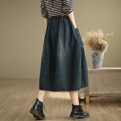 Babakud Women Spring Retro Denim Elastic Waist Midi Skirt