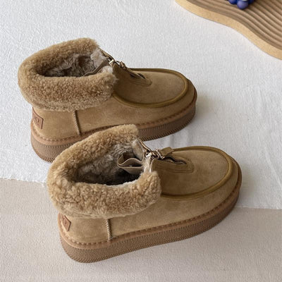 Women Winter Sheepskin-Lined Suede Short Snow Boots with Zipper