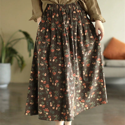 Babakud Women Spring Retro Corduroy Printed Floral A-Line Skirt