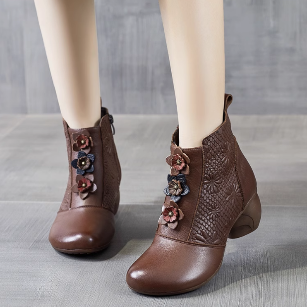 Babakud Women Winter Flower Chunky Heeled Leather Boots