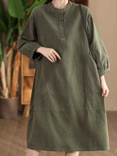 Babakud Women Autumn Retro Cotton Ramie Dress